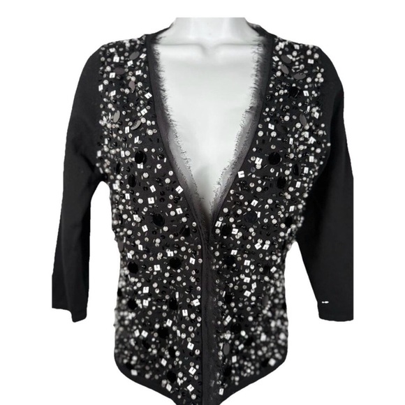 White House Black Market Black Sequin Cardigan - Picture 2 of 6